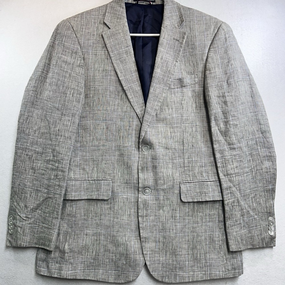 Tommy Hilfiger 100% Linen Blazer Houndstooth Blue Sports Coat 38R